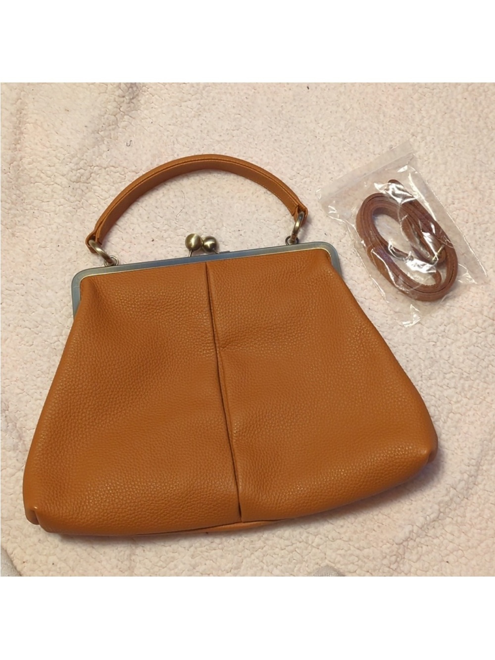 Gorgeous Cognac Genuine Leather Top-Handle Satchel with Gold Frame - Picture 2 of 6